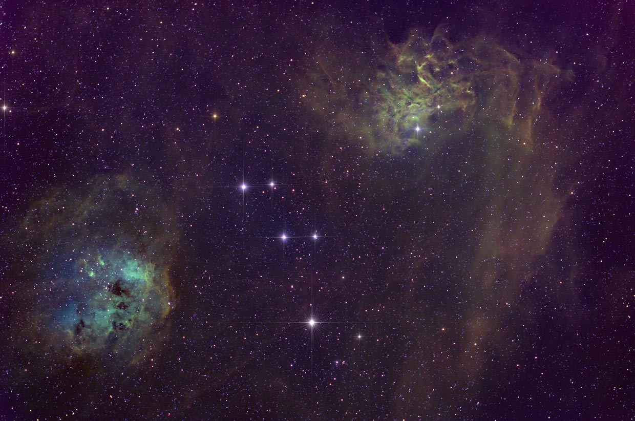 Halakörtuþokan (t.v.) og Logaþokan - Tadpole (IC 410) and Flaming star nebula (right, IC 405)