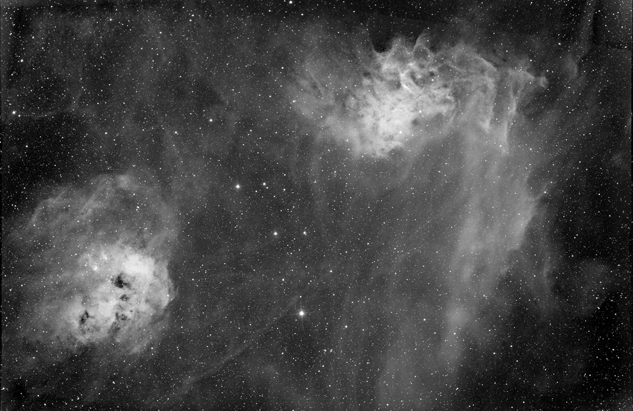 Halakörtuþokan (t.v.) og Logaþokan - Tadpole (IC 410) and Flaming star nebula (right, IC 405).